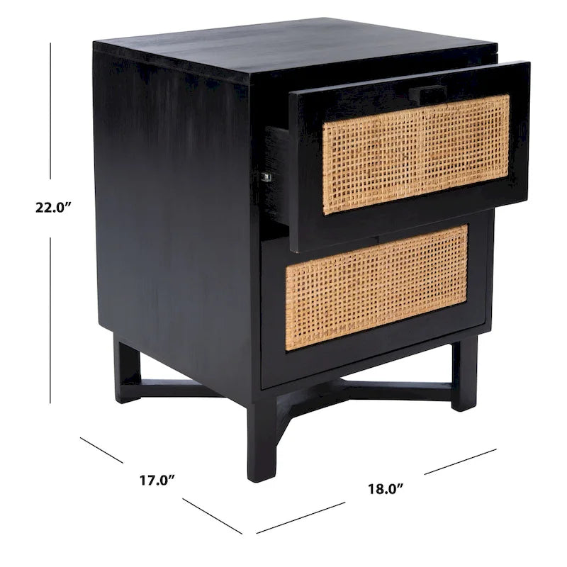 Rattan Panel 2-Drawer Mindi Wood Nightstand Accent Table Natural Brown