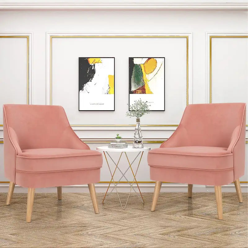 Pink Velvet Accent Chair with Rubber Wood Legs Ergonomic Padded Seat