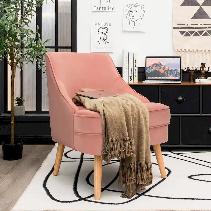 Pink Velvet Accent Chair with Rubber Wood Legs Ergonomic Padded Seat