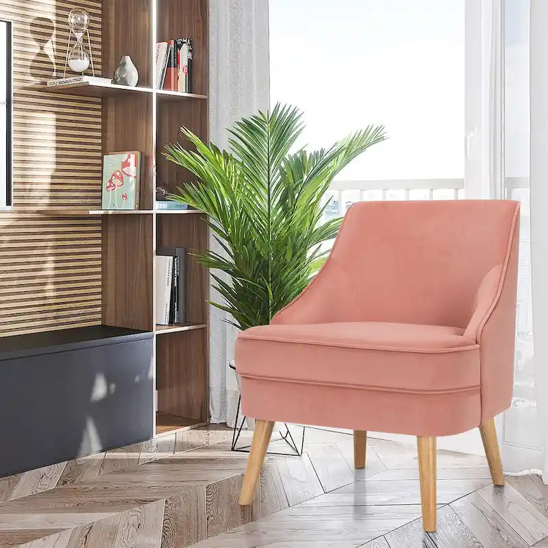 Pink Velvet Accent Chair with Rubber Wood Legs Ergonomic Padded Seat
