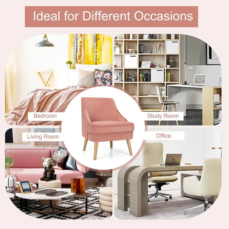 Pink Velvet Accent Chair with Rubber Wood Legs Ergonomic Padded Seat