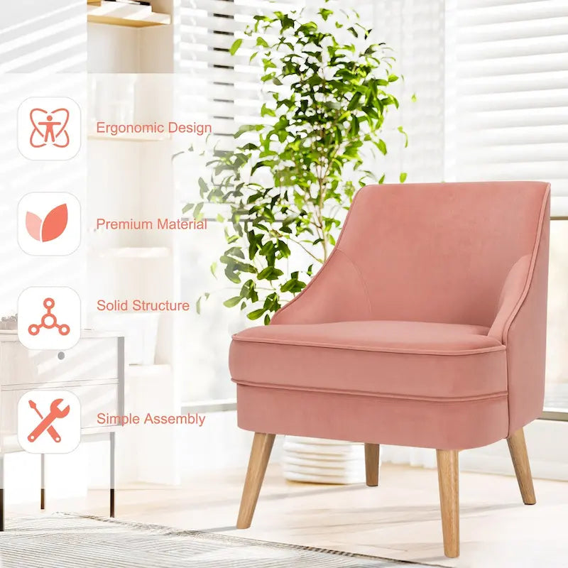 Pink Velvet Accent Chair with Rubber Wood Legs Ergonomic Padded Seat