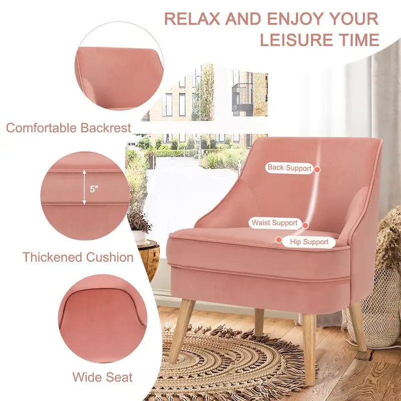 Pink Velvet Accent Chair with Rubber Wood Legs Ergonomic Padded Seat