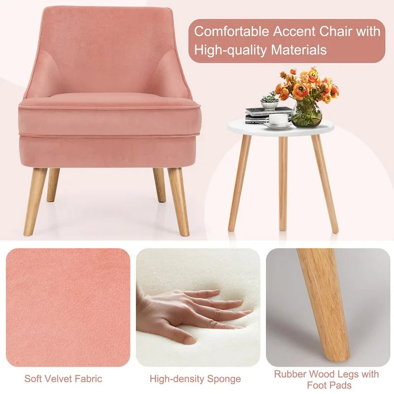 Pink Velvet Accent Chair with Rubber Wood Legs Ergonomic Padded Seat