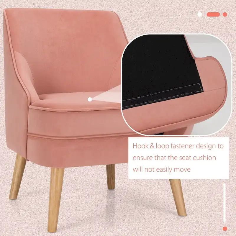 Pink Velvet Accent Chair with Rubber Wood Legs Ergonomic Padded Seat