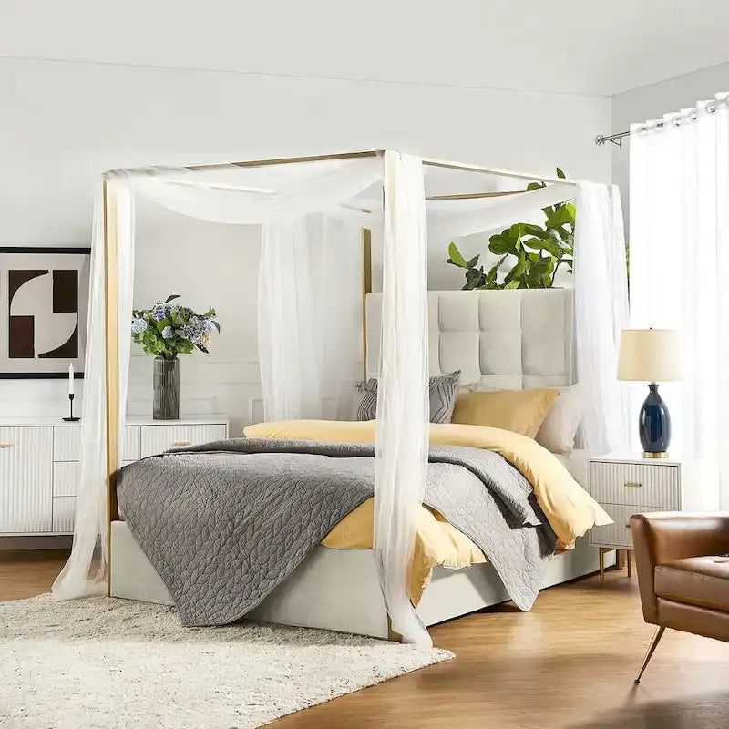Modern Upholstered Canopy Bed with Tufted Headboard Champagne Metal Frame Ivory