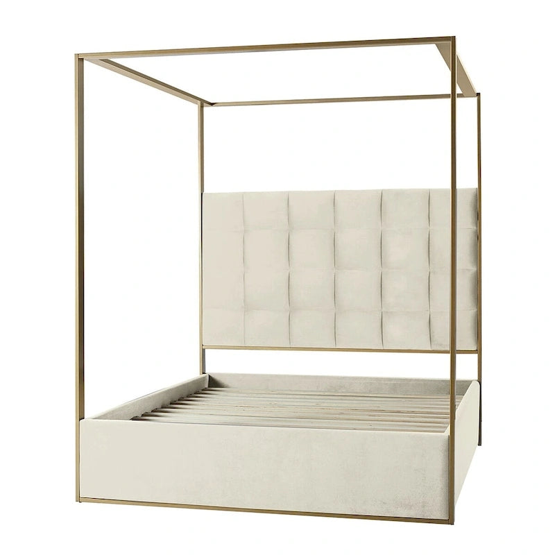 Modern Upholstered Canopy Bed with Tufted Headboard Champagne Metal Frame Ivory