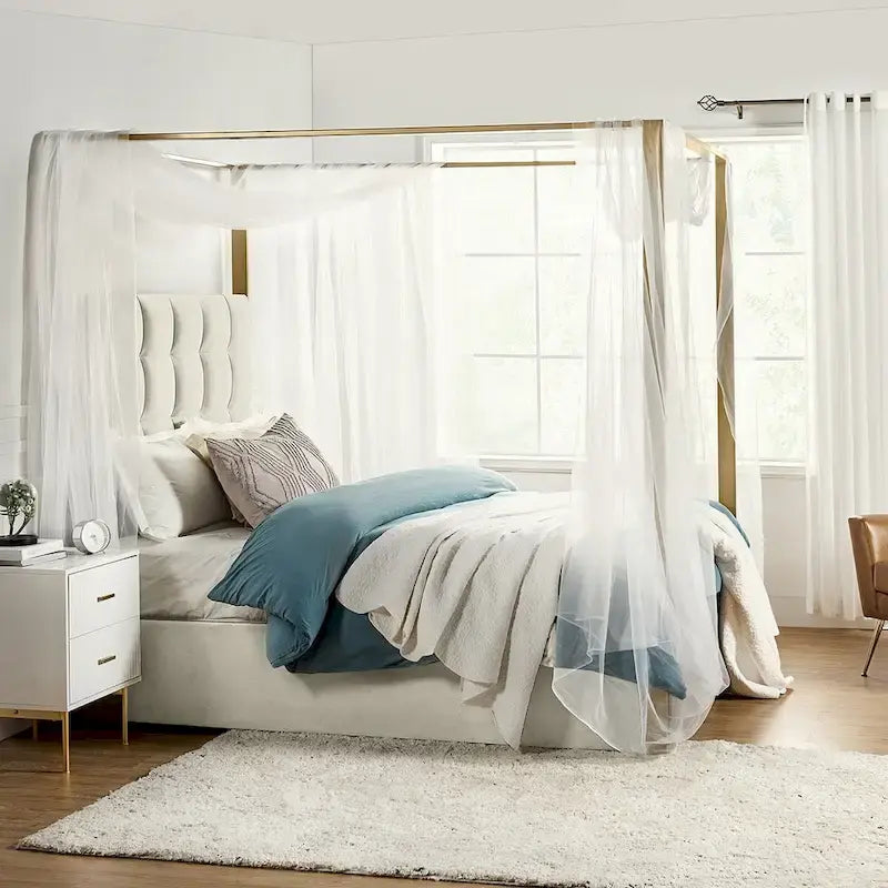 Modern Upholstered Canopy Bed with Tufted Headboard Champagne Metal Frame Ivory