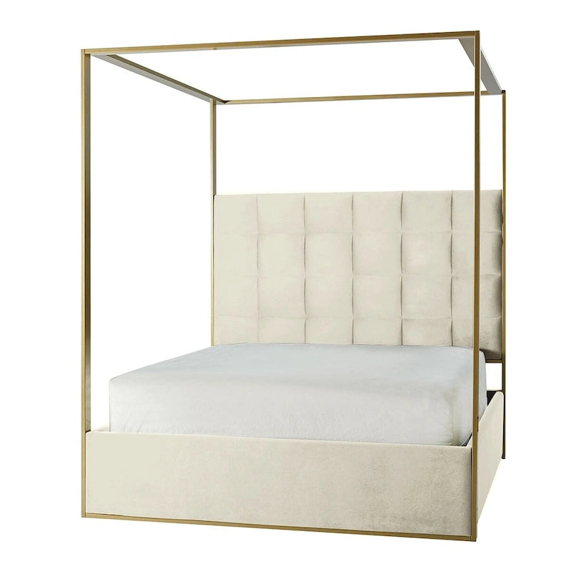 Modern Upholstered Canopy Bed with Tufted Headboard Champagne Metal Frame Ivory