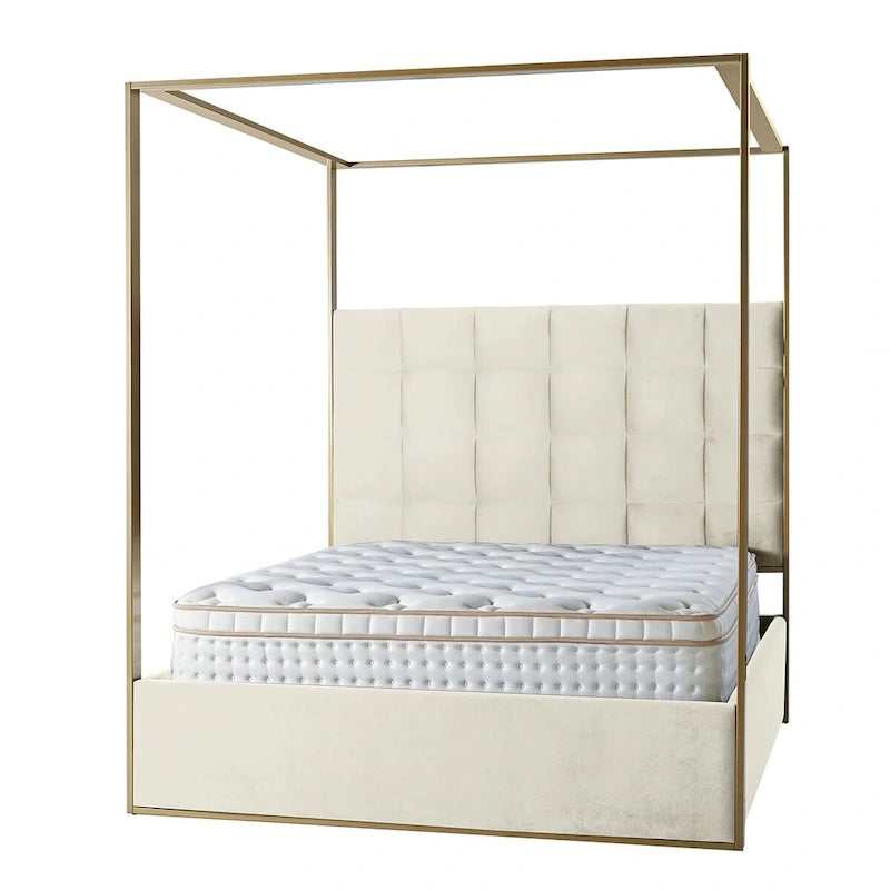 Modern Upholstered Canopy Bed with Tufted Headboard Champagne Metal Frame Ivory