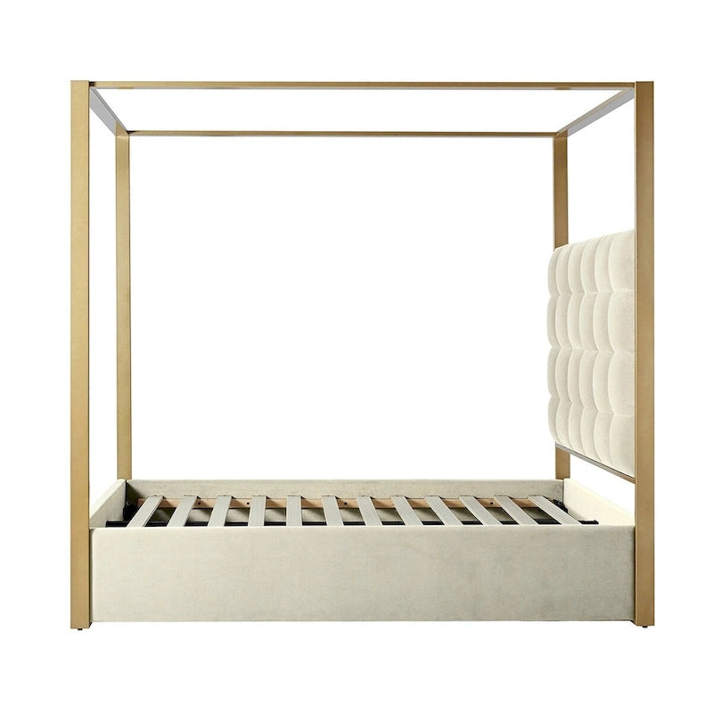 Modern Upholstered Canopy Bed with Tufted Headboard Champagne Metal Frame Ivory
