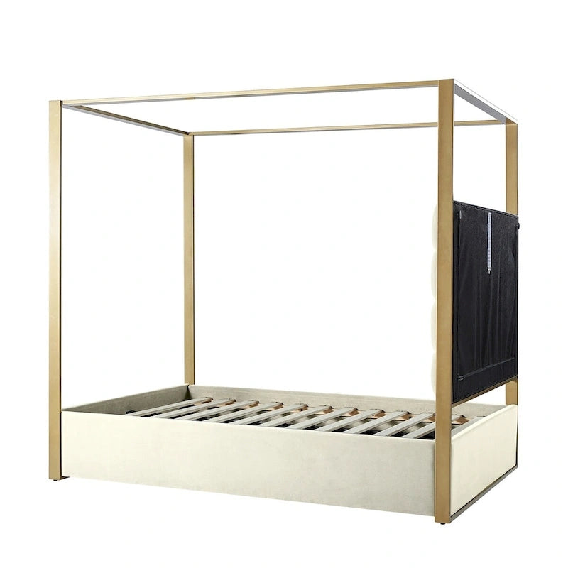 Modern Upholstered Canopy Bed with Tufted Headboard Champagne Metal Frame Ivory
