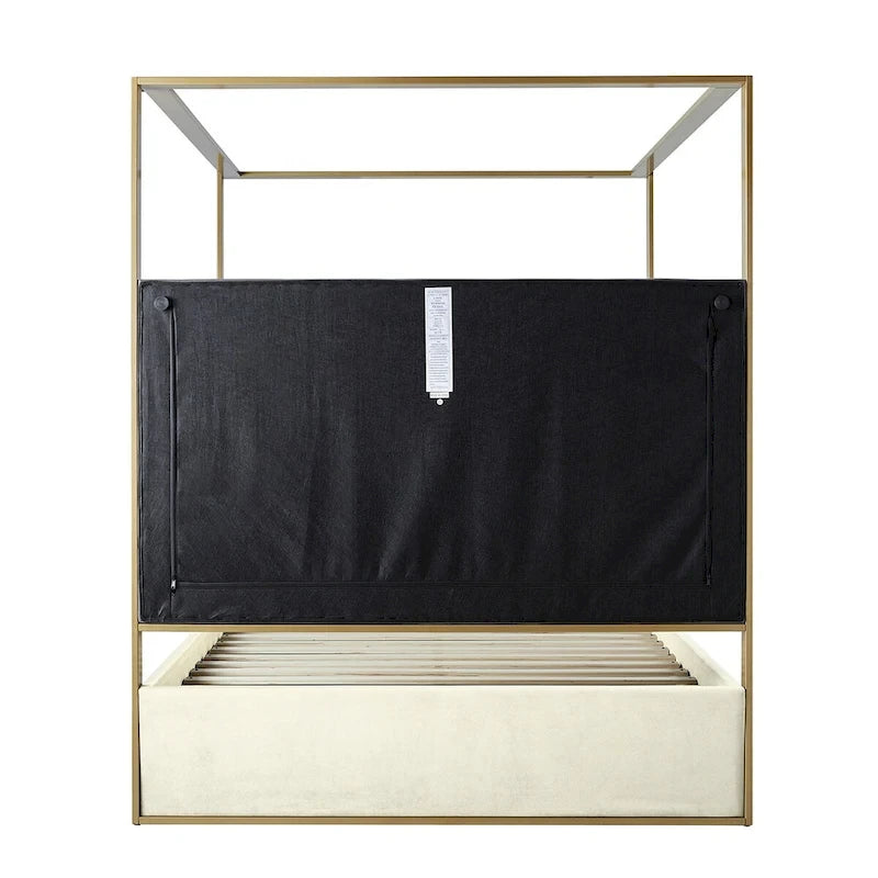 Modern Upholstered Canopy Bed with Tufted Headboard Champagne Metal Frame Ivory