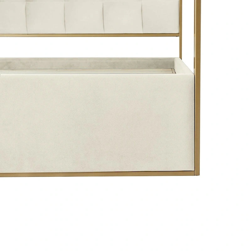 Modern Upholstered Canopy Bed with Tufted Headboard Champagne Metal Frame Ivory