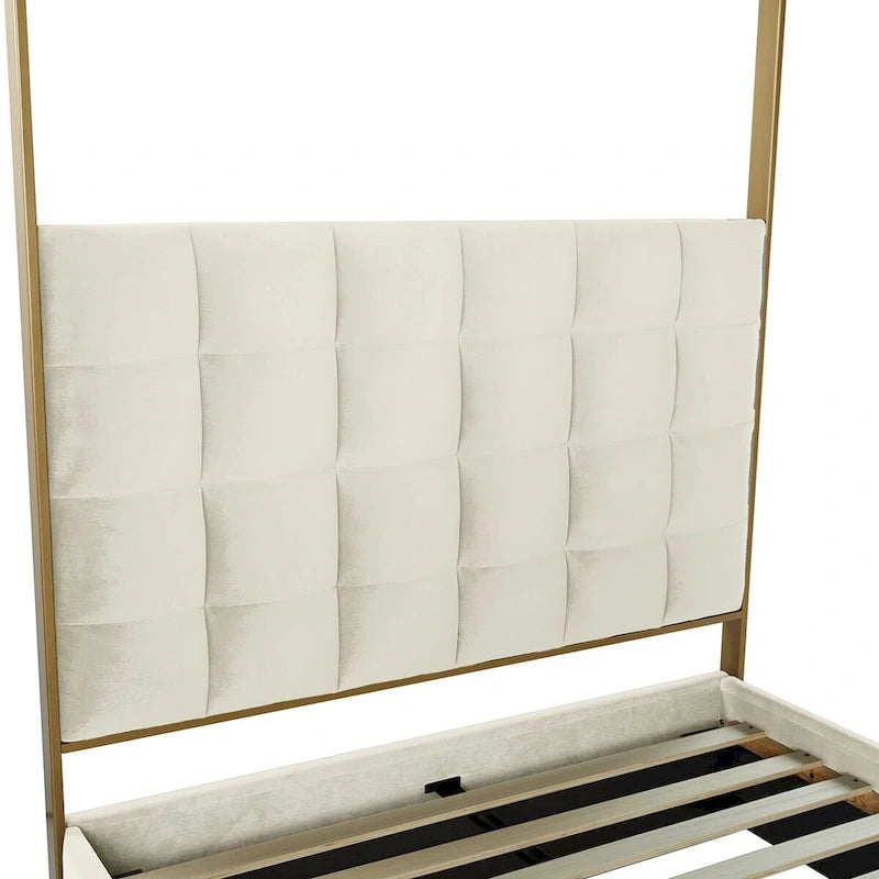 Modern Upholstered Canopy Bed with Tufted Headboard Champagne Metal Frame Ivory