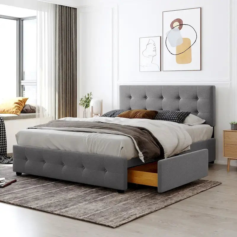 Queen Platform Bed with Button-Tufted Headboard and 4 Storage Drawers Light Gray Linen