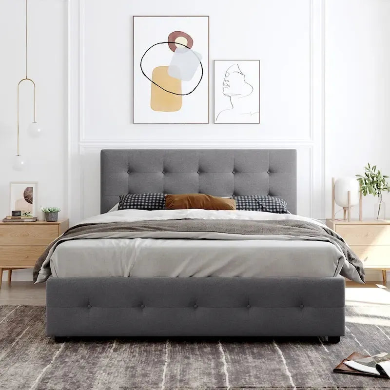 Queen Platform Bed with Button-Tufted Headboard and 4 Storage Drawers Light Gray Linen