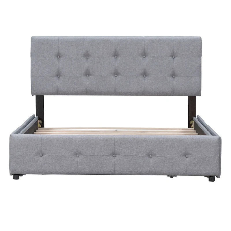 Queen Platform Bed with Button-Tufted Headboard and 4 Storage Drawers Light Gray Linen