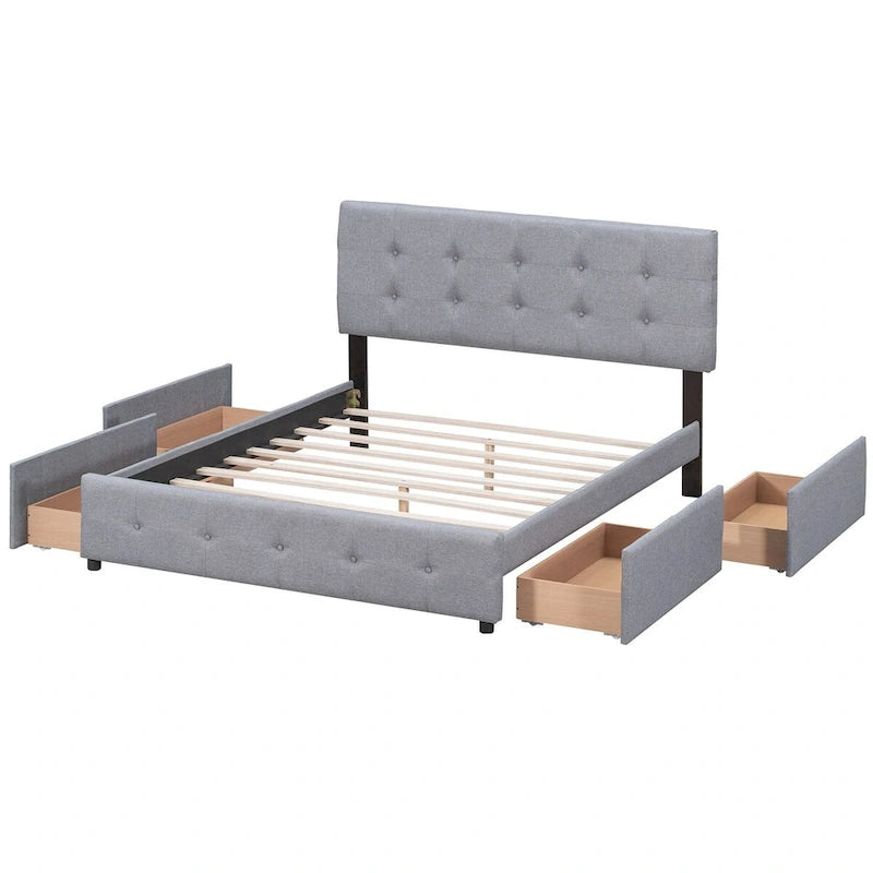 Queen Platform Bed with Button-Tufted Headboard and 4 Storage Drawers Light Gray Linen