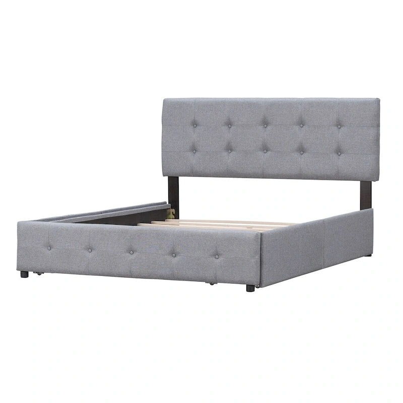 Queen Platform Bed with Button-Tufted Headboard and 4 Storage Drawers Light Gray Linen