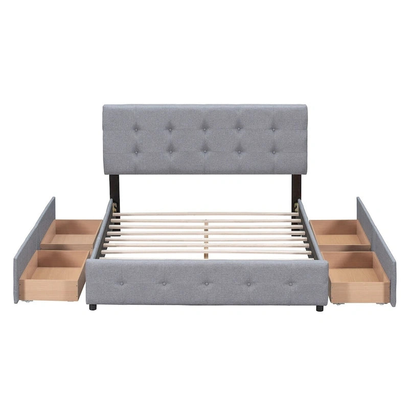 Queen Platform Bed with Button-Tufted Headboard and 4 Storage Drawers Light Gray Linen