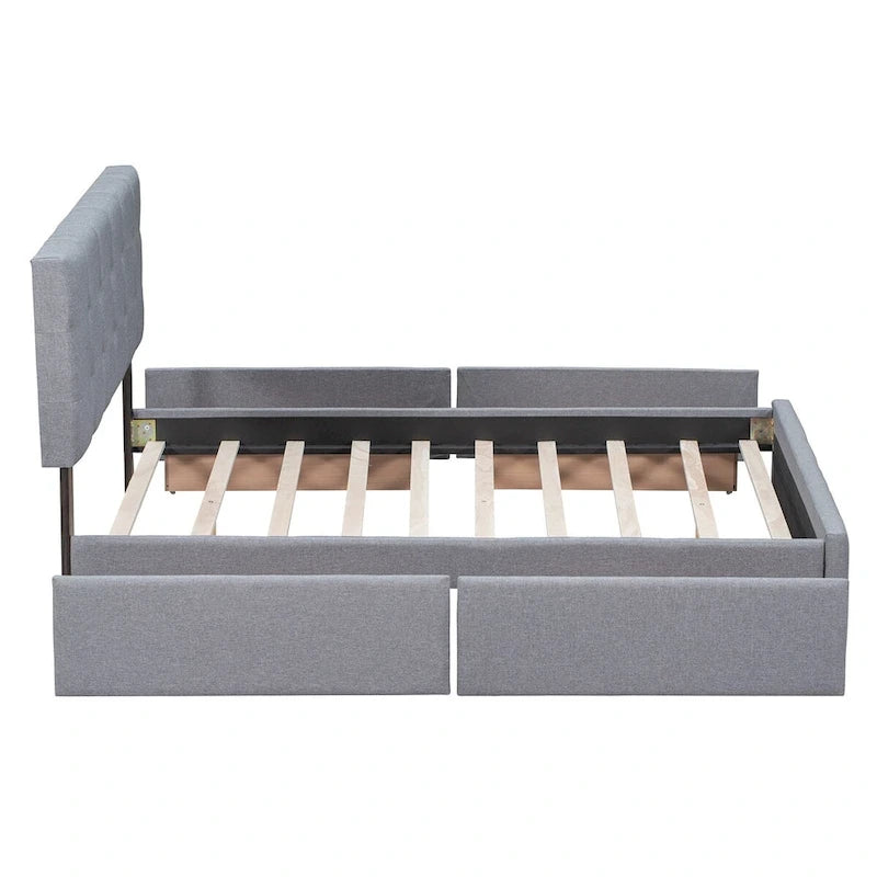 Queen Platform Bed with Button-Tufted Headboard and 4 Storage Drawers Light Gray Linen