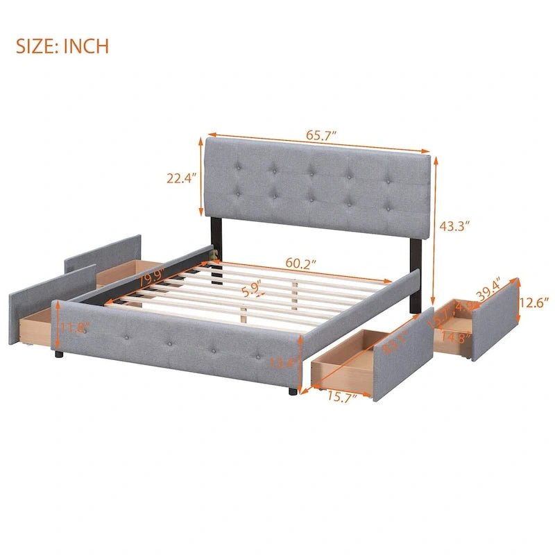 Queen Platform Bed with Button-Tufted Headboard and 4 Storage Drawers Light Gray Linen
