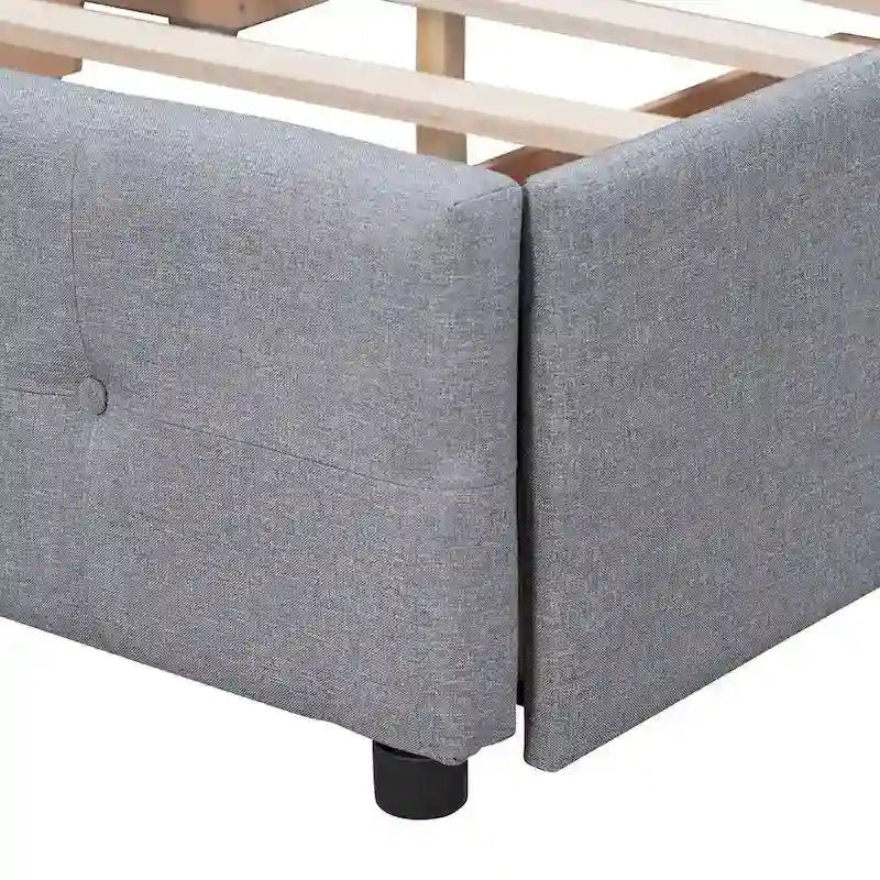 Queen Platform Bed with Button-Tufted Headboard and 4 Storage Drawers Light Gray Linen