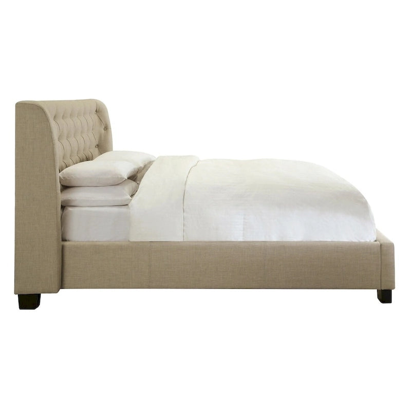Queen Size Beige Linen Upholstered Bed with Button Tufted Curved Headboard and Storage Footboard