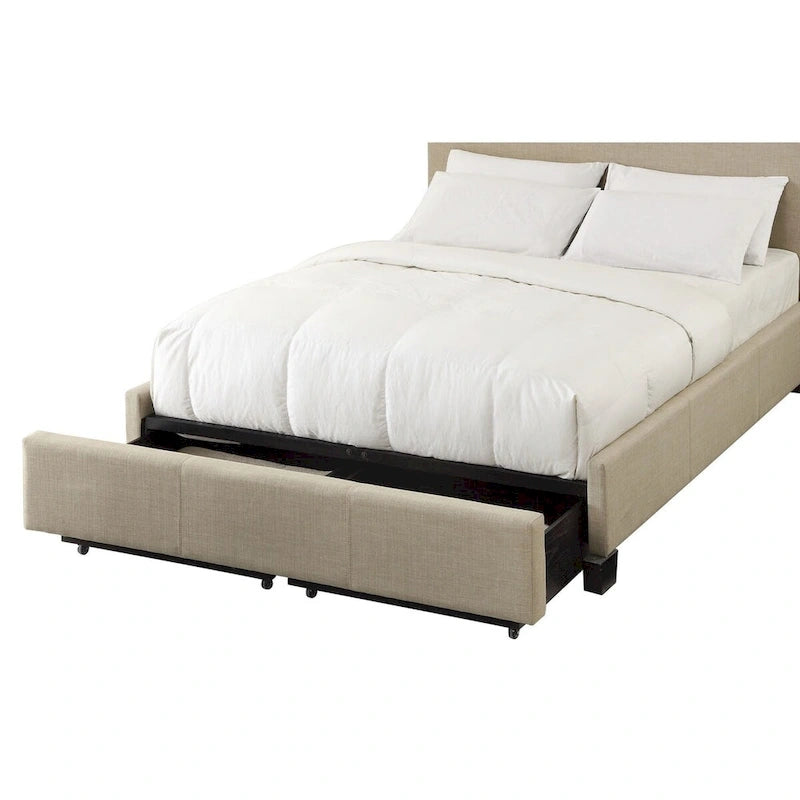 Queen Size Beige Linen Upholstered Bed with Button Tufted Curved Headboard and Storage Footboard