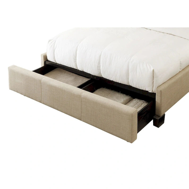 Queen Size Beige Linen Upholstered Bed with Button Tufted Curved Headboard and Storage Footboard