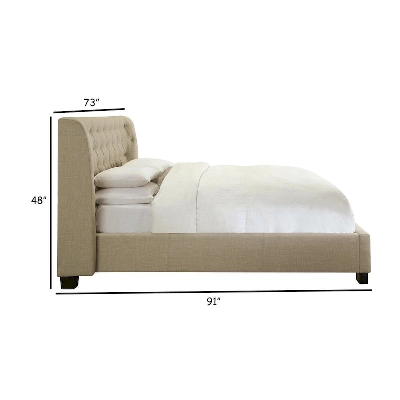 Queen Size Beige Linen Upholstered Bed with Button Tufted Curved Headboard and Storage Footboard