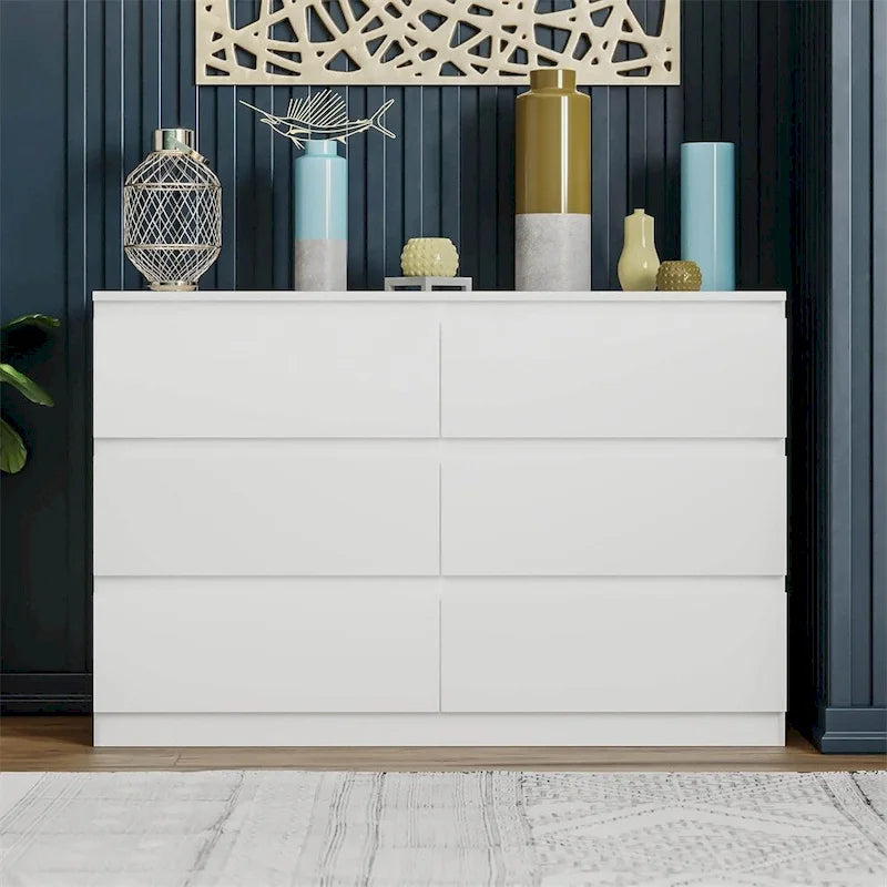 White 6-Drawer Handleless Chest of Drawers Freestanding Bedroom Storage Dresser