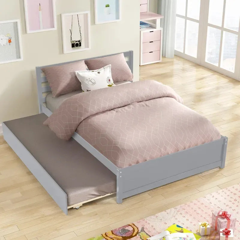 Grey Wood Platform Bed Frame with Headboard and Pull-Out Trundle