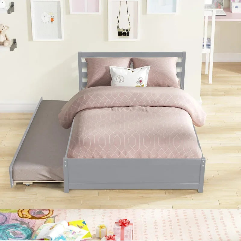 Grey Wood Platform Bed Frame with Headboard and Pull-Out Trundle
