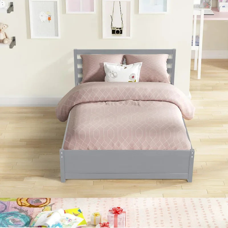 Grey Wood Platform Bed Frame with Headboard and Pull-Out Trundle
