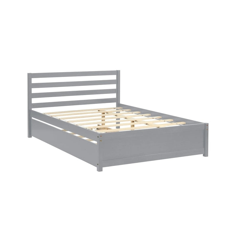 Grey Wood Platform Bed Frame with Headboard and Pull-Out Trundle
