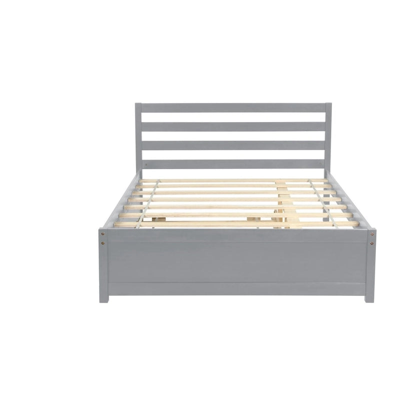 Grey Wood Platform Bed Frame with Headboard and Pull-Out Trundle