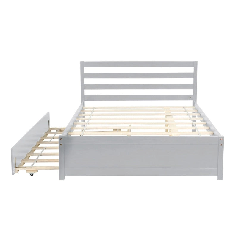 Grey Wood Platform Bed Frame with Headboard and Pull-Out Trundle