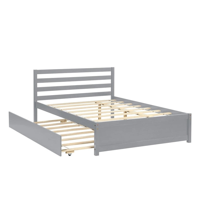 Grey Wood Platform Bed Frame with Headboard and Pull-Out Trundle