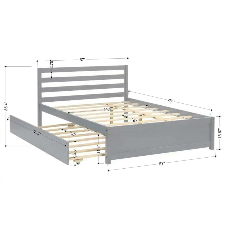 Grey Wood Platform Bed Frame with Headboard and Pull-Out Trundle