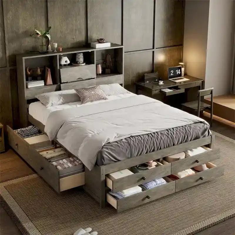 White & Grey Platform Bed with Bookcase Headboard and 8 Storage Drawers