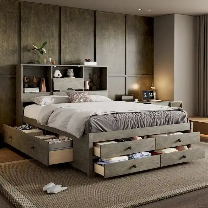 White & Grey Platform Bed with Bookcase Headboard and 8 Storage Drawers