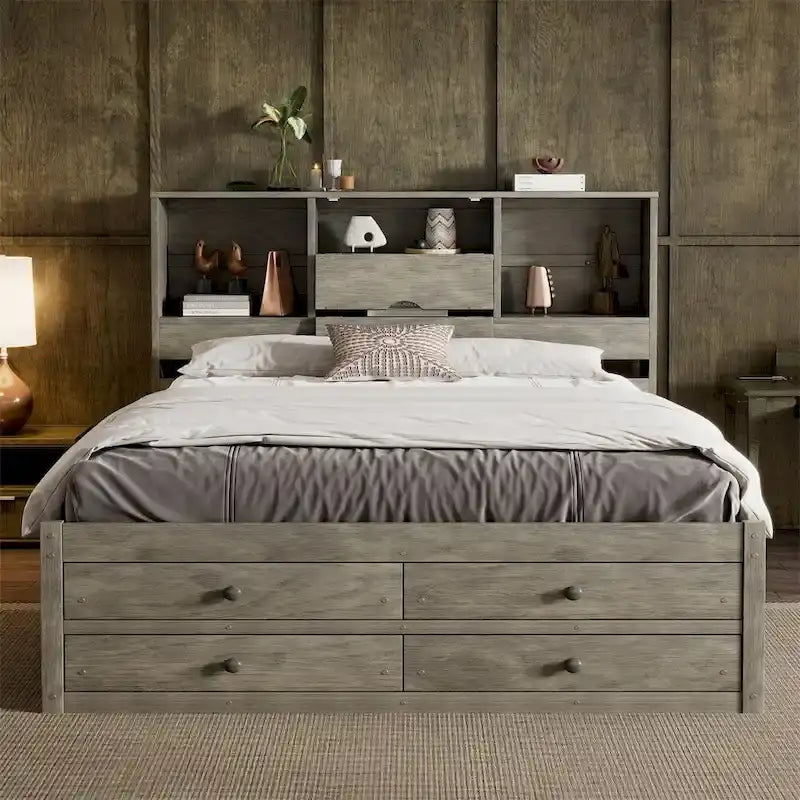 White & Grey Platform Bed with Bookcase Headboard and 8 Storage Drawers