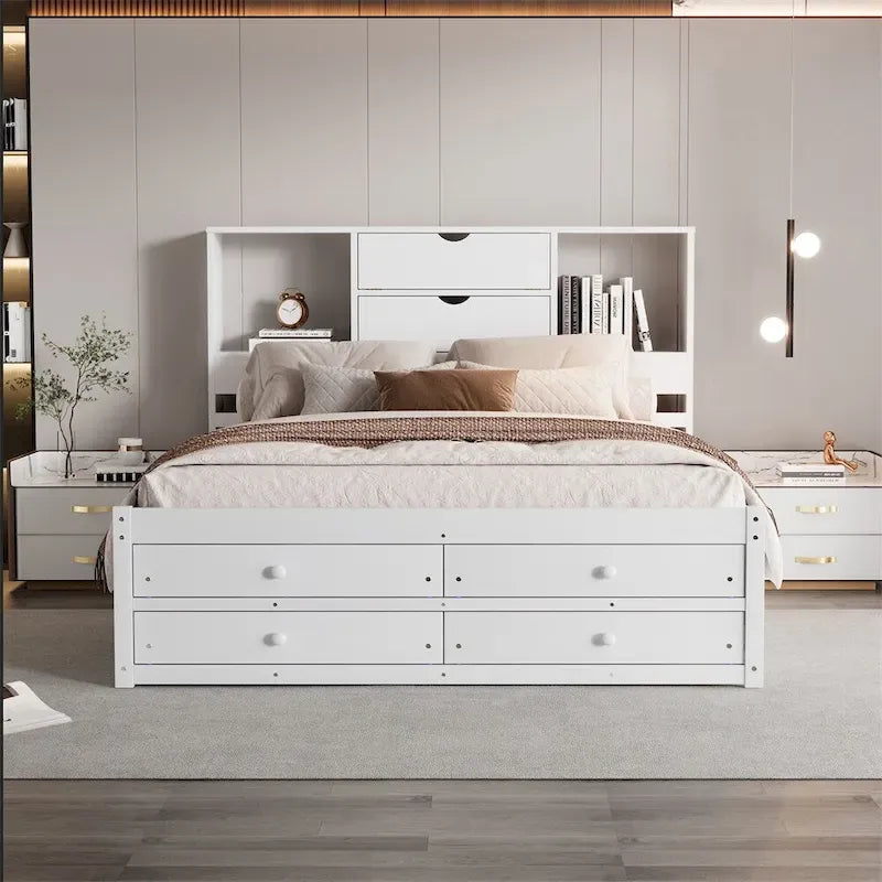White & Grey Platform Bed with Bookcase Headboard and 8 Storage Drawers