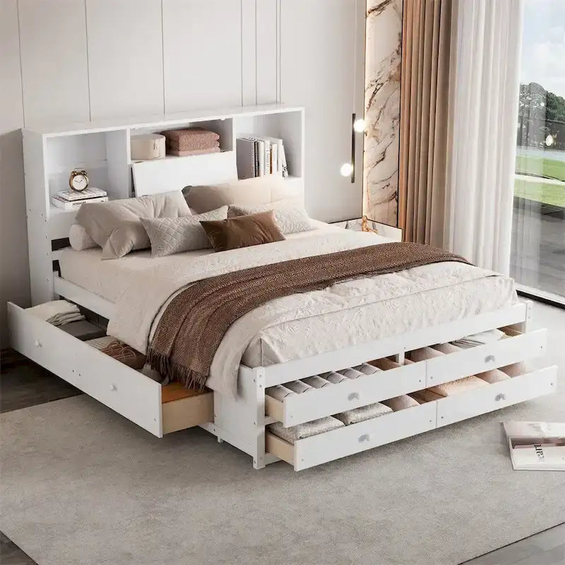 White & Grey Platform Bed with Bookcase Headboard and 8 Storage Drawers