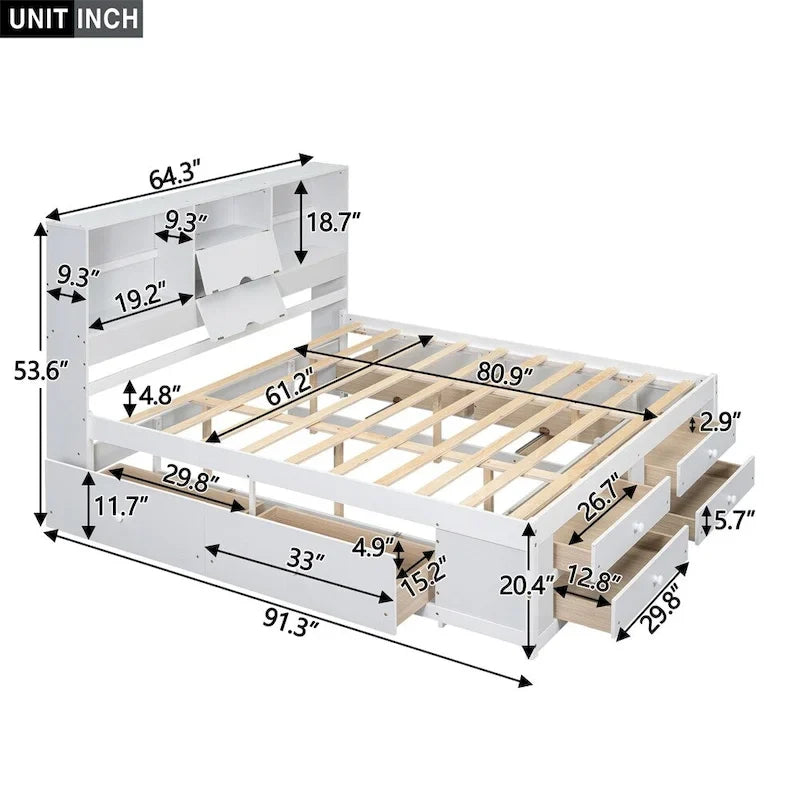 White & Grey Platform Bed with Bookcase Headboard and 8 Storage Drawers