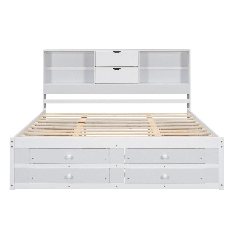 White & Grey Platform Bed with Bookcase Headboard and 8 Storage Drawers