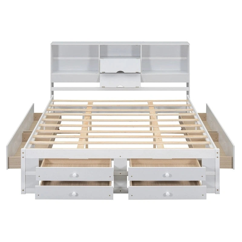 White & Grey Platform Bed with Bookcase Headboard and 8 Storage Drawers