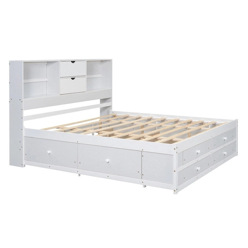 White & Grey Platform Bed with Bookcase Headboard and 8 Storage Drawers